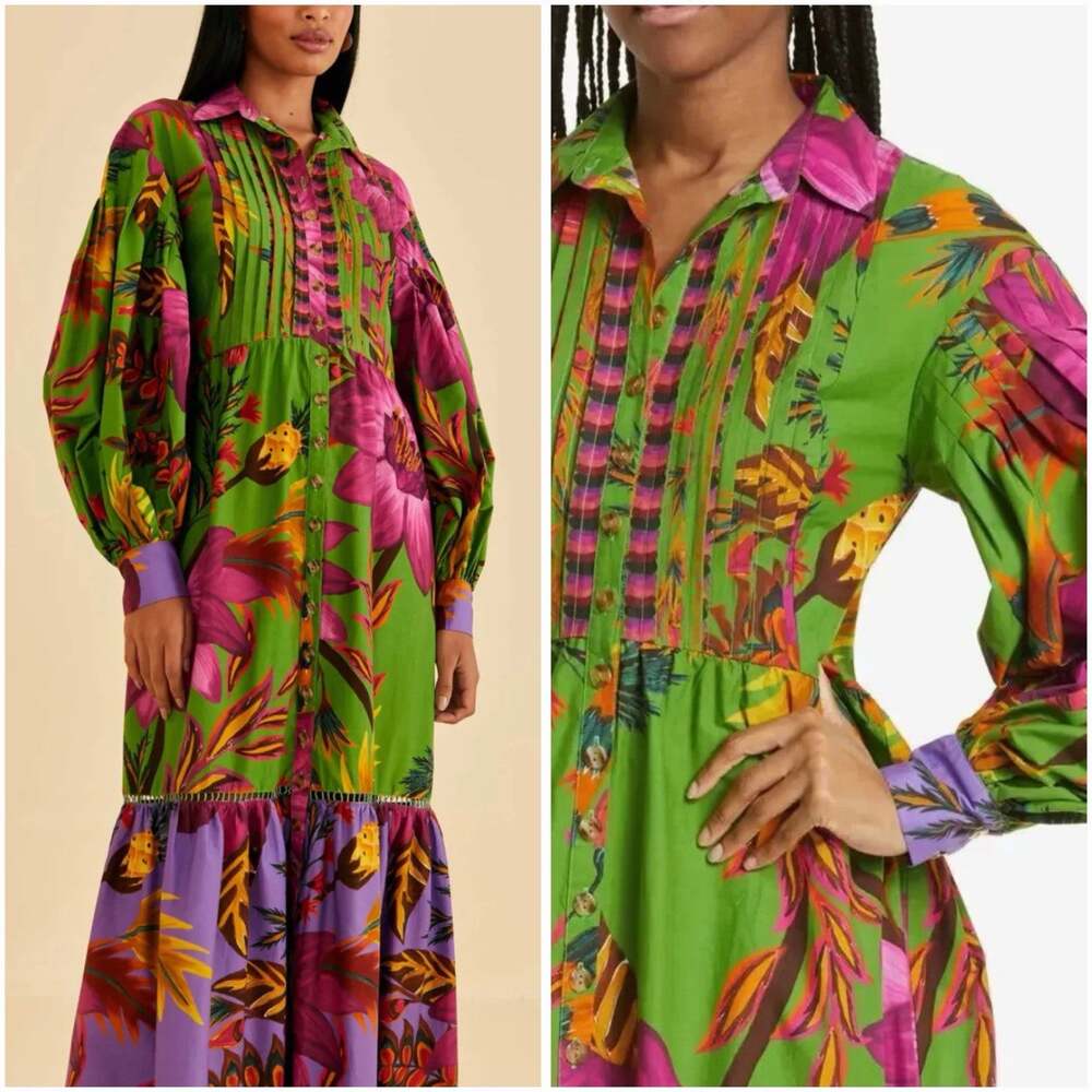 FARM Rio Maxi Flowers Organic Cotton Floral Green Shirt Maxi Dress Small S